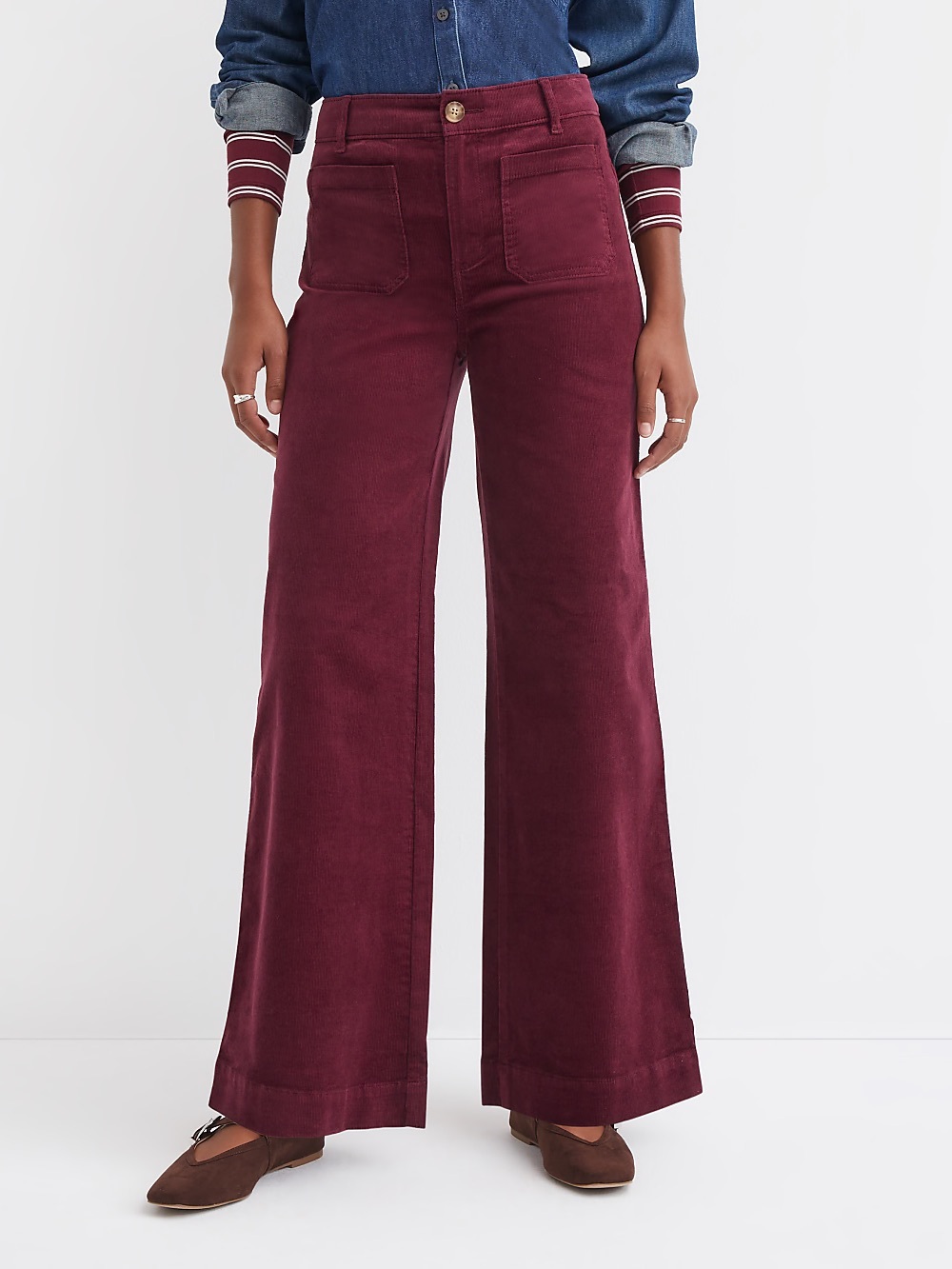 NEW LOFT Palmer Wide Leg Corduroy Pants | Size 0 | Burgundy Maroon Patch Pocket